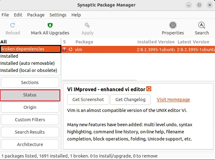 identifying broken packages using synaptic package manager