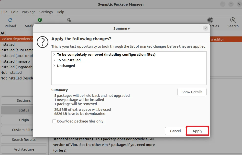 confirm removing package using synaptic