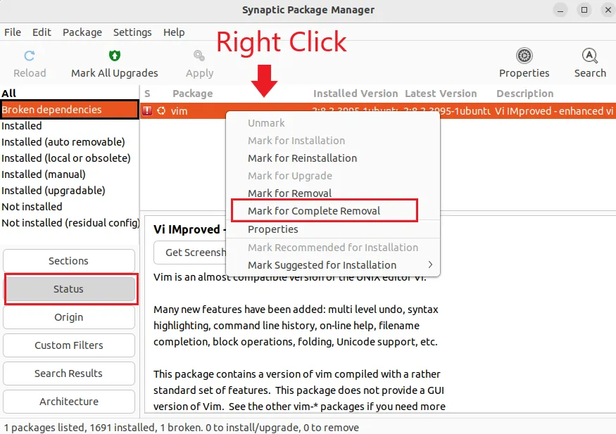remove broken package using synaptic
