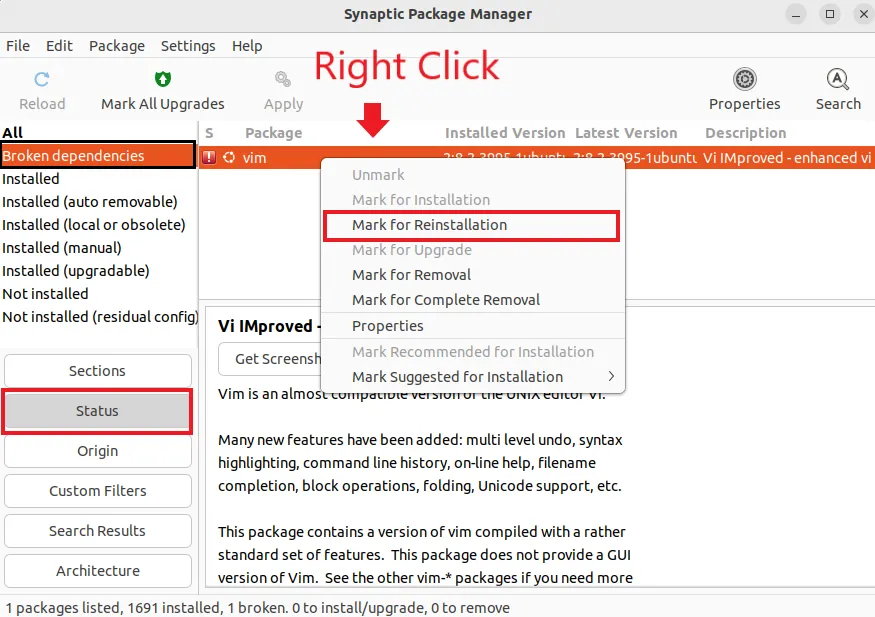 fix broken package on Ubuntu by reinstalling it synaptic