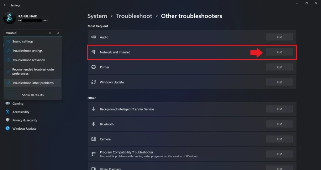 Run Network Troubleshooter in Windows 11
