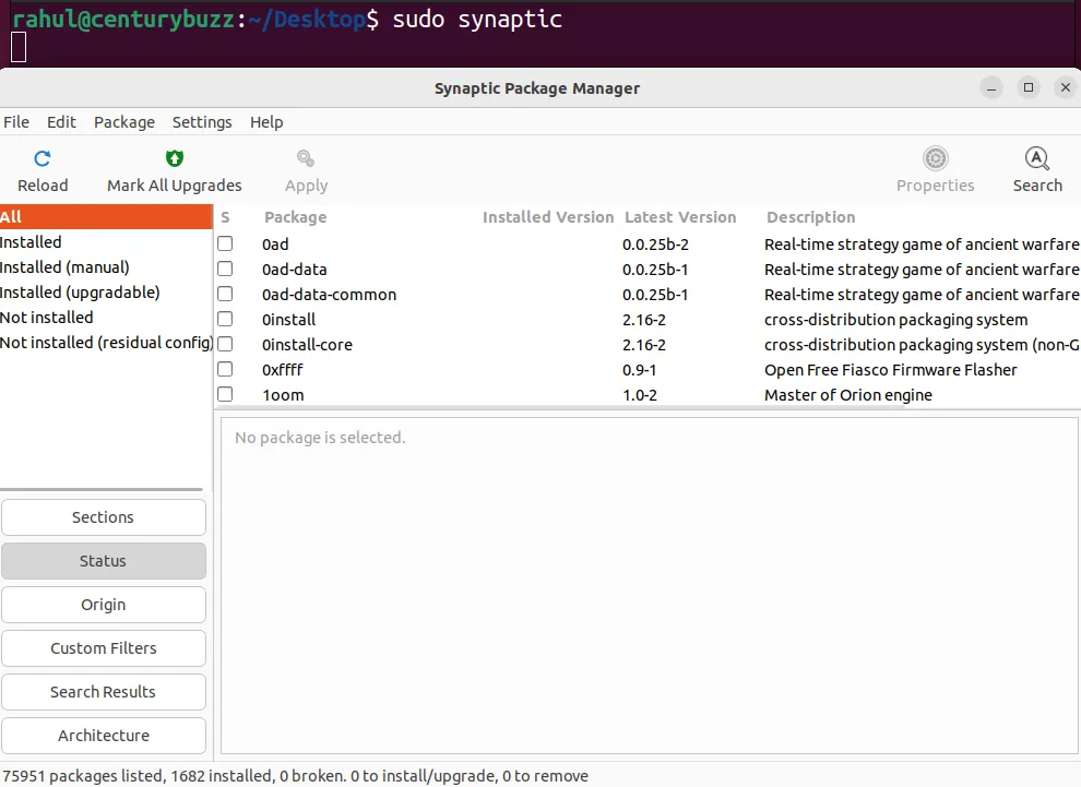 start synaptic using terminal command