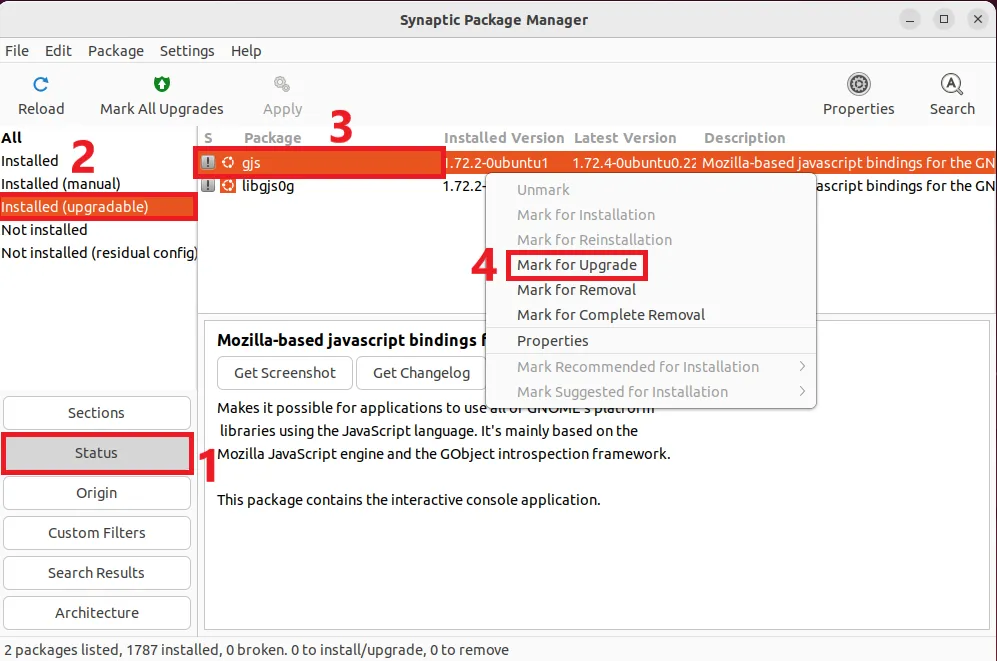 marking package for upgrade in synaptic